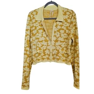 Anthropologie Floral Jacquard Knit Cropped Button Down Sweater